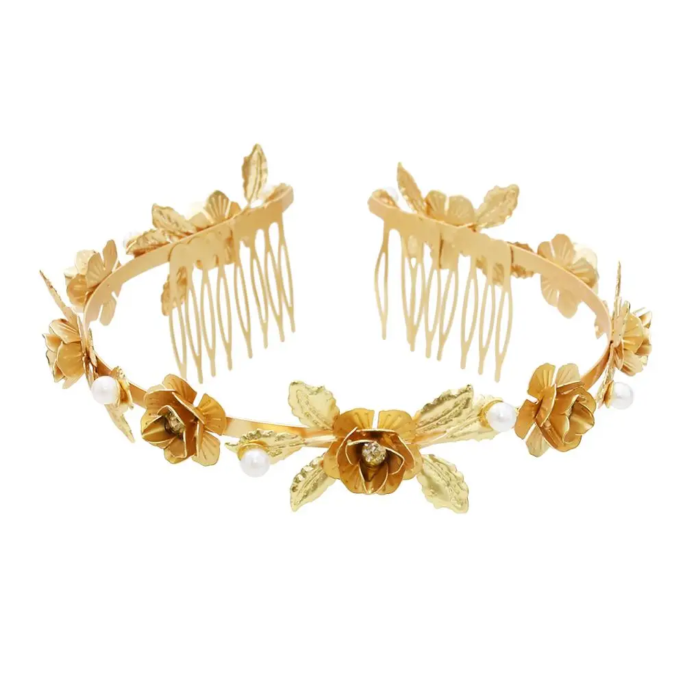 

Greek Bride Gold Hairbands Pearl Flower Hair Tiaras Leaf Wedding Hair Accessories Hair Combs Headdress Baroque Women Jewelry