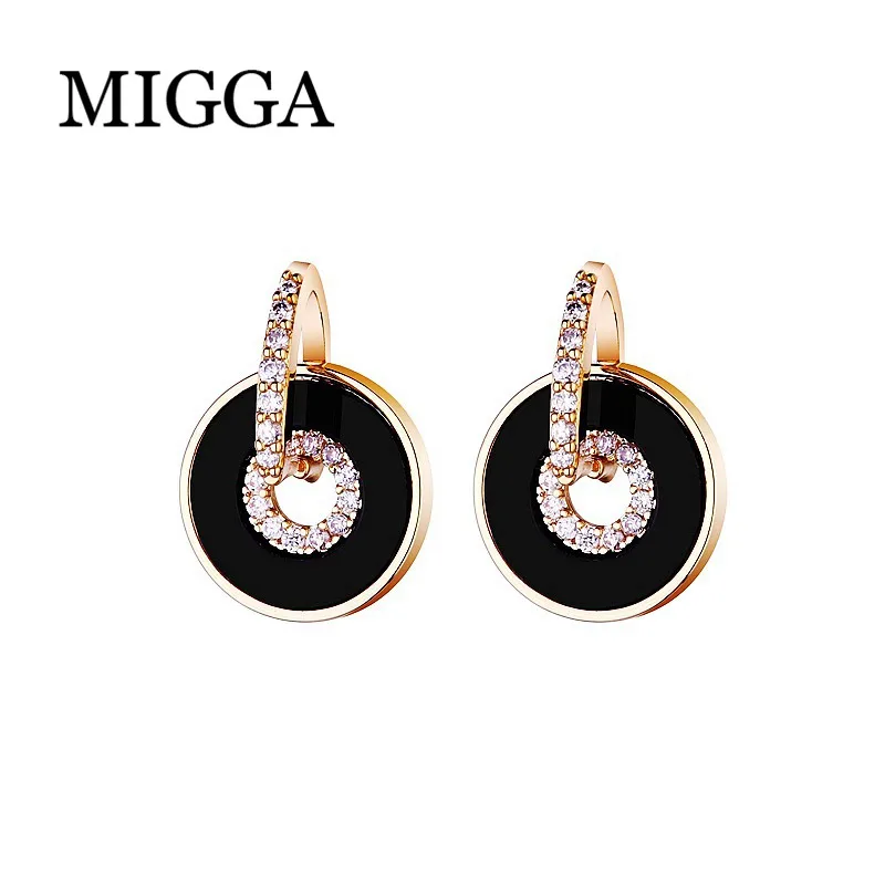 

MIGGA Exquisite Black Round Circle Pendant Stud Earrings for Women Gold Color Micro Paved Cubic Zirconia Studs Jewelry
