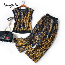 

2018 summer New Samgpilee Short sleeve Streetwear Pullover O-neck Elastic Waist Mid-calf Print Calf-length Pants Women set L-3XL