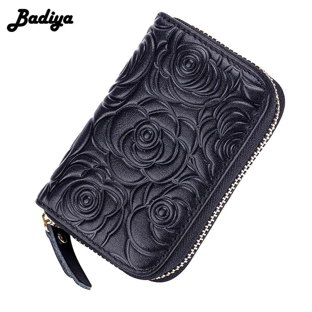

Retro Embossed Floral Ziparound Accordion Multi-card Slots Wallet in Cowhide Rose Embossing Coin Card Holders