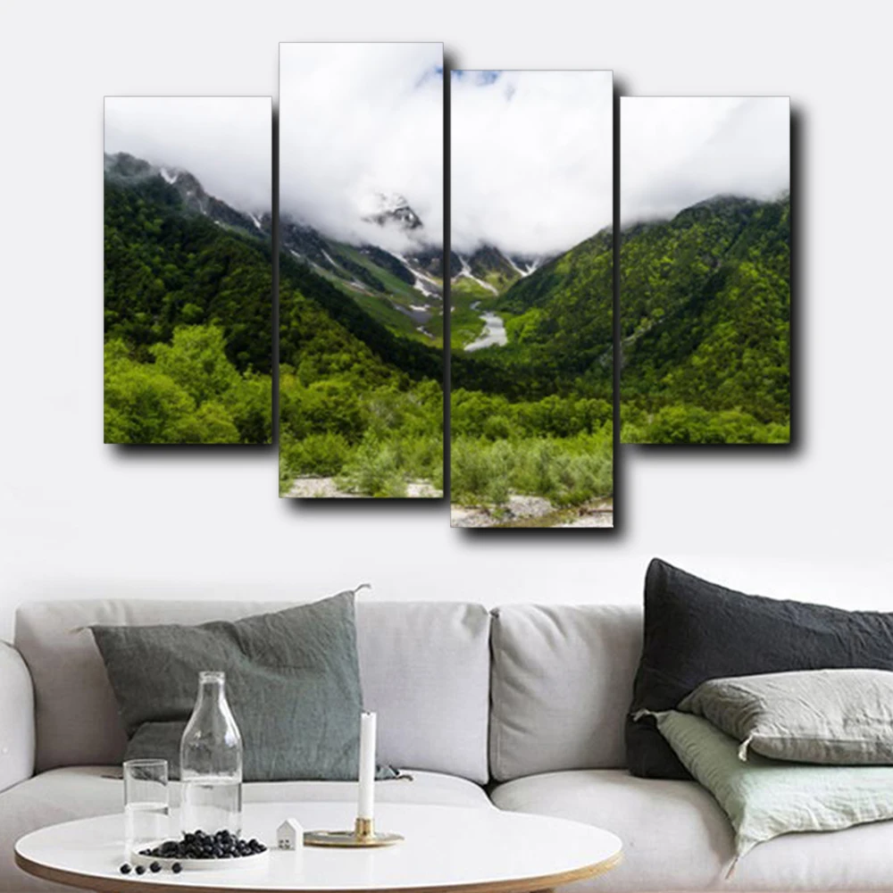 

Laeacco 4 Panel Green Mountain Wall Artwork Canvas Calligraphy Painting Outside Posters and Prints Nordic Home Living Room Decor