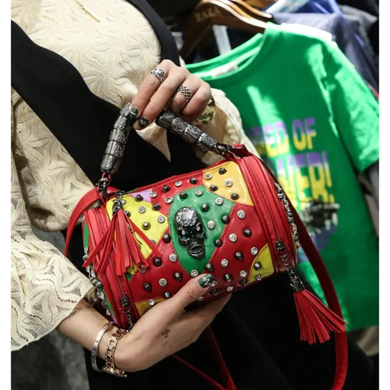 Women Tassels Shoulder Bag Hob-Nail Messenger Travel Bag Punk Crossbody Handbag Skull Decor For Party Dating Commuting