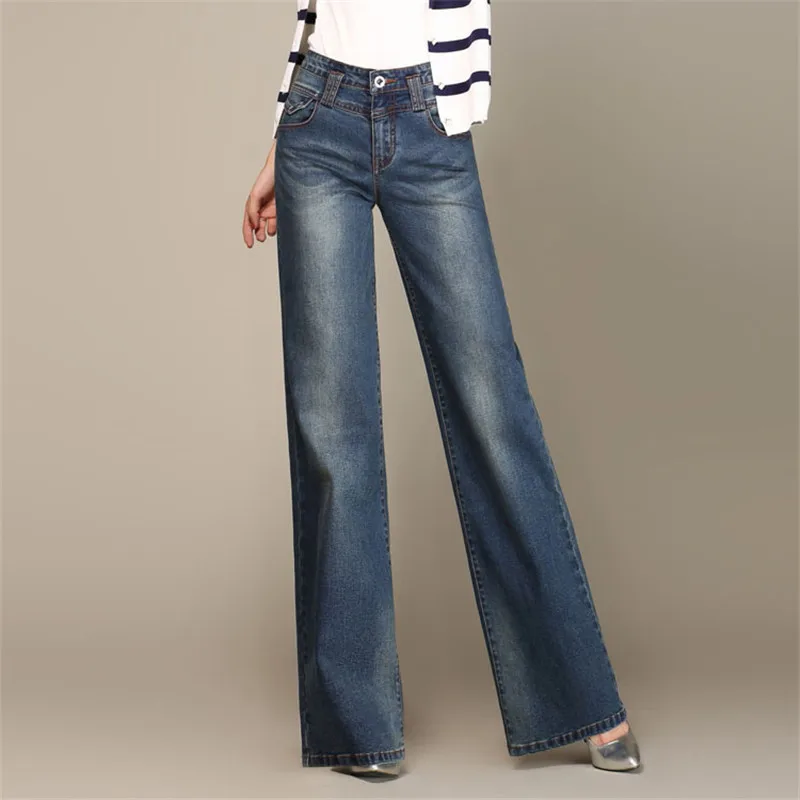 Новинка года; Винтажные ботинки с высокой талией; женские джинсовые брюки прямого покроя с широкими штанинами; Размеры 26-33 - Цвет: Mid Blue