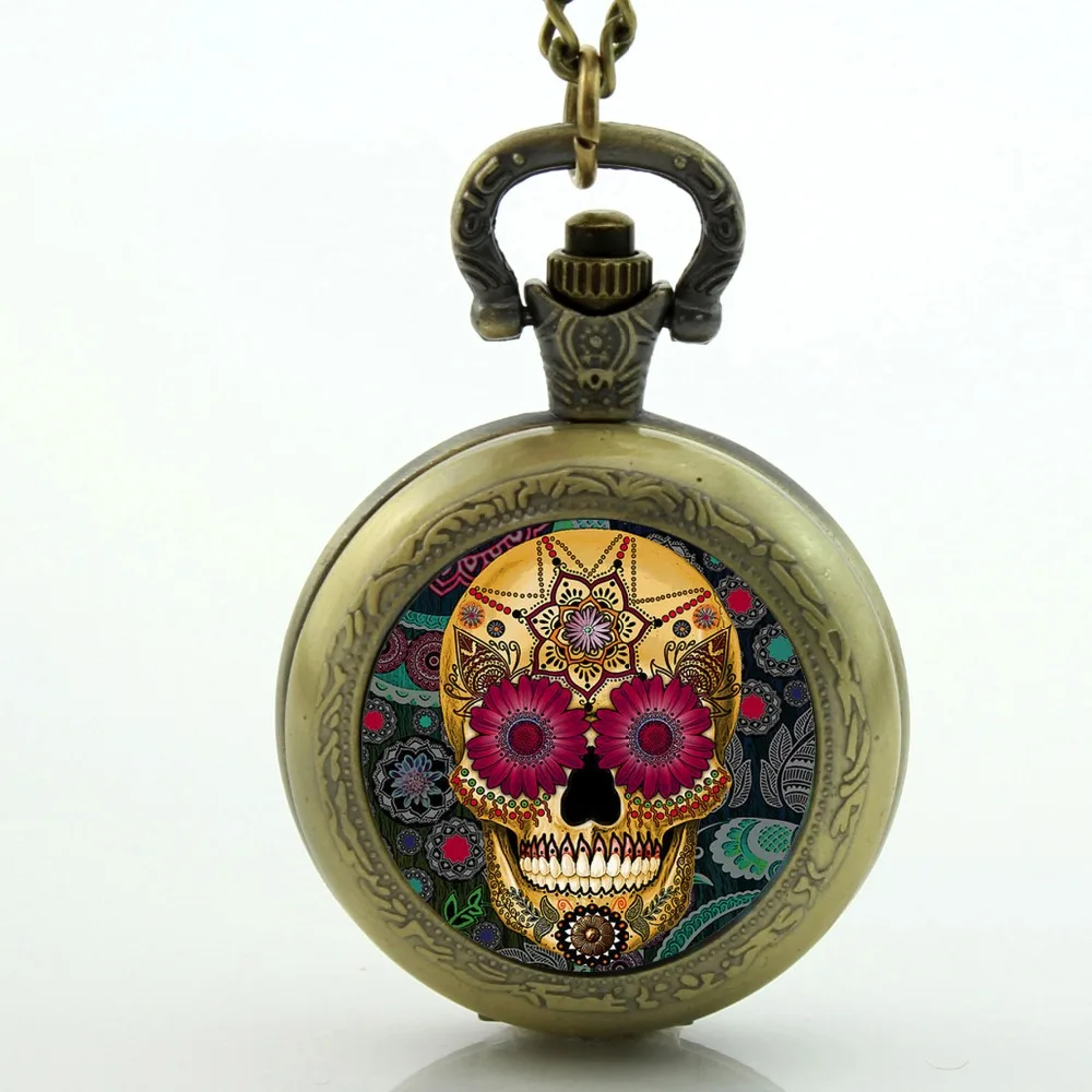 Antique bronze vintage Skull pocket watch Necklace skull pocket watch