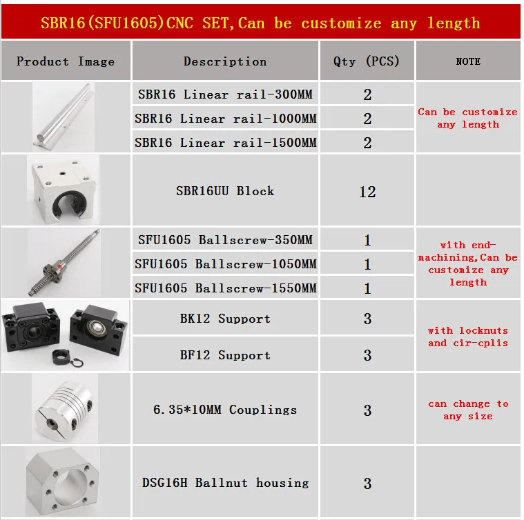 6 комплектов линейных рельсов SBR16 линейных направляющих любой длины+ линейных подшипников+ SFU1605 шариковый винт+ 3 BK12/BF12+ 3 DSG16H гайки+ 3 муфты - Цвет: 300 1000 1500