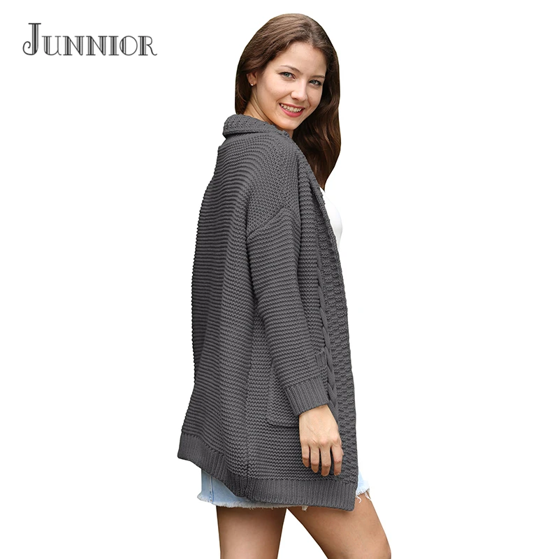 JUNNIOR 2018 New Arrival Cardigan Women Pockets Patchwork Sweaters Long Sleeve Casual Loose Knitted Sweater Sweaters