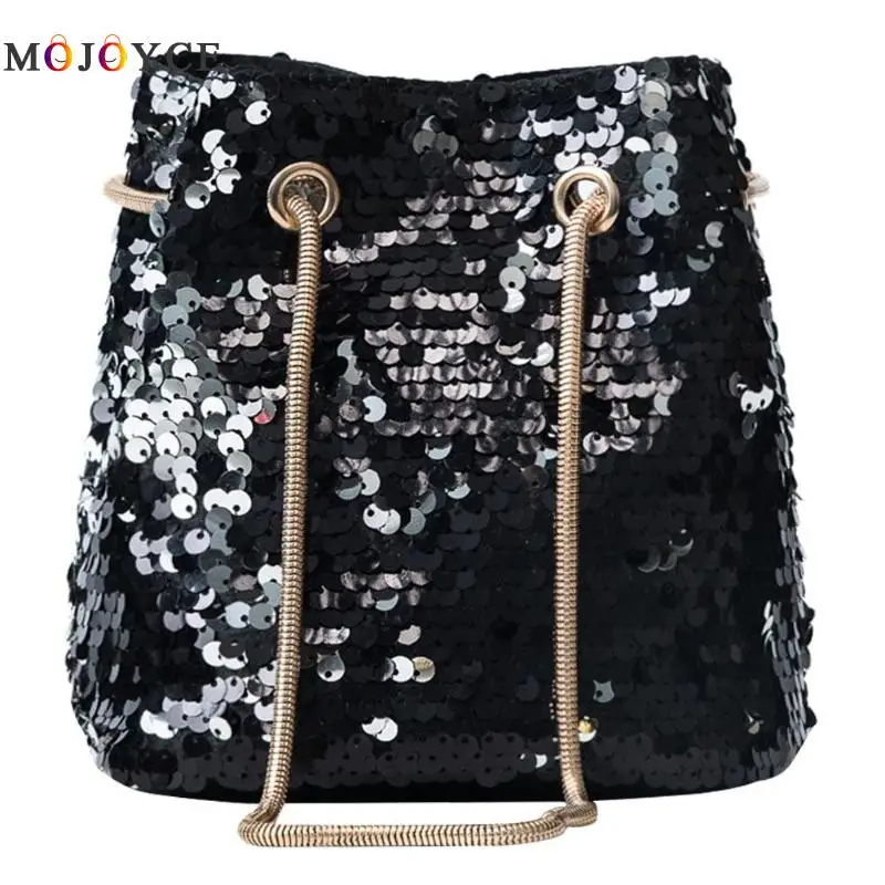 Bling Sequins Mini Crossbody Handbag Women Bucket Bags Girls Metal Chain Single Women shoulder ...