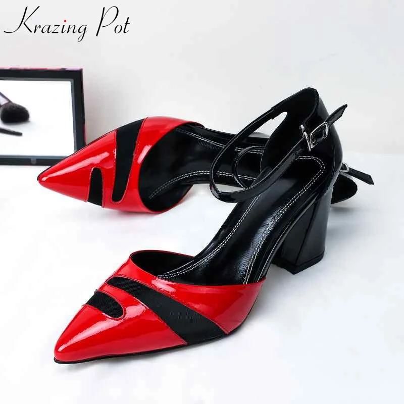 

Krazing Pot new genuine leather buckle straps daily wear pointed toe dinner party princess office lady air mesh hollow pumps L02