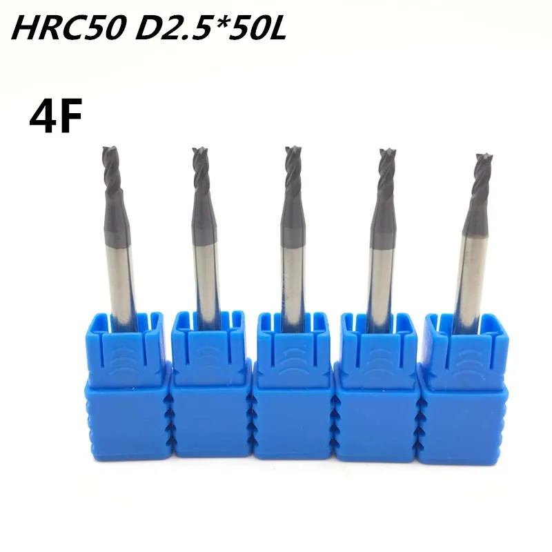 

5Pcs 4F-D2.5*50L HRC50 Carbide Square Flatted End Mill 4 flute mill diameter 2.5mm High-speed milling machine Milling Cutter