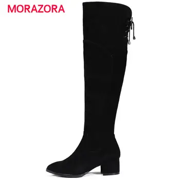 

MORAZORA 2018 new autumn winter high heel women boots pointed toe square heel cow suede leather boots over the knee zipper boots