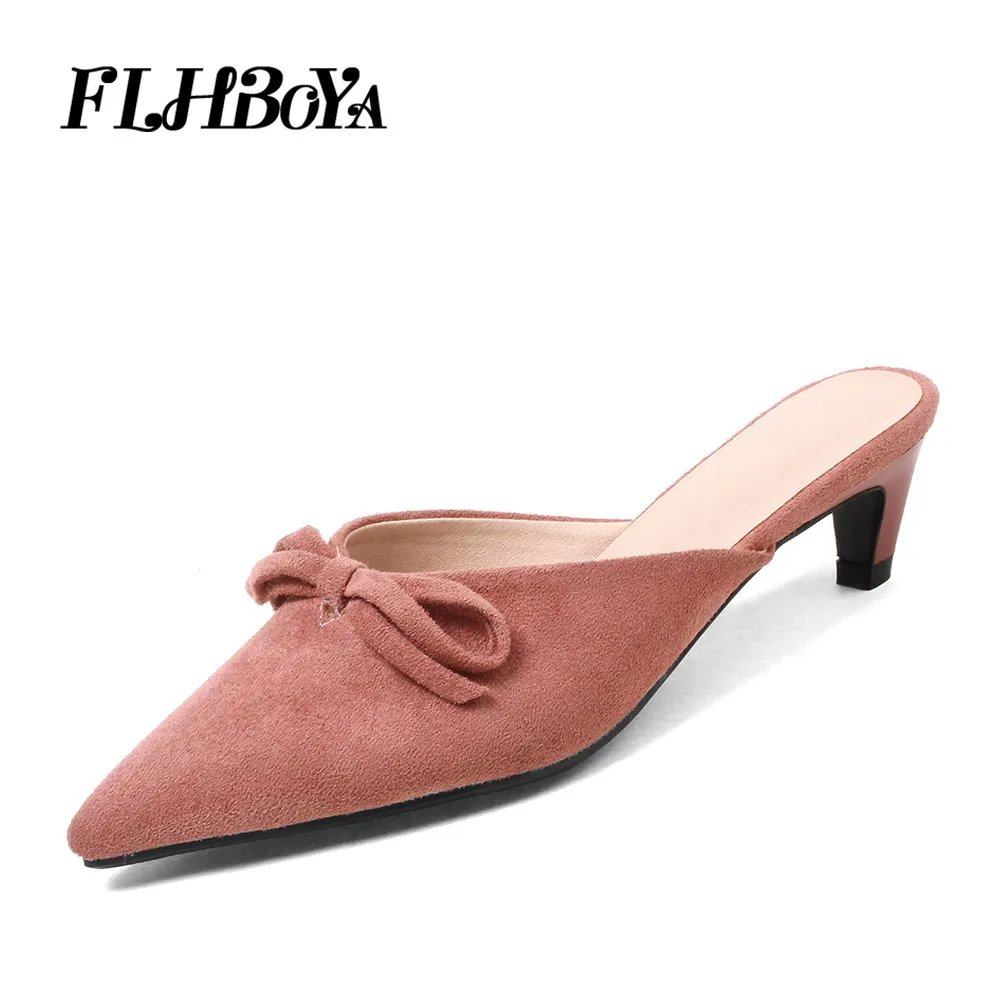 

Summer Low Heels Women Mules Flip Flop Sweet Flock Sandals Shoes Pointed Toe Med Thin Heels Bowtie Ladies Mules Pumps Plus Size