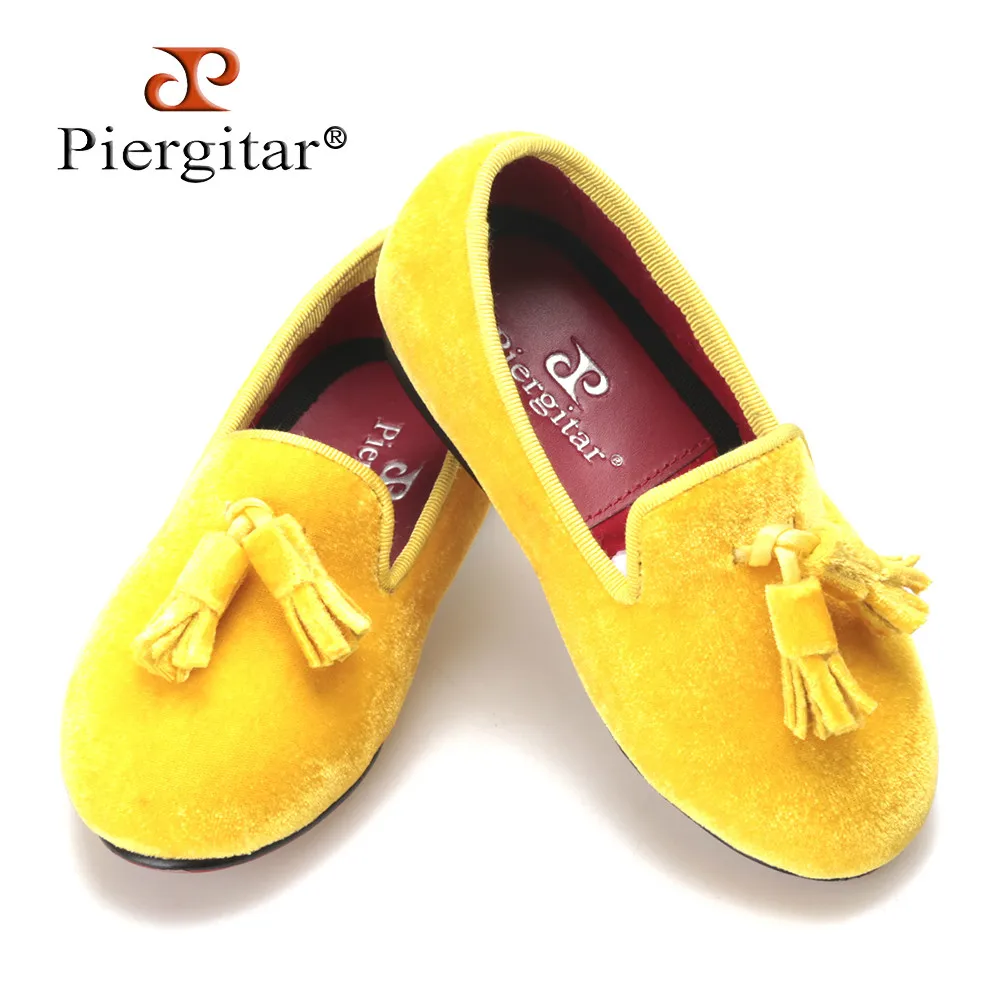 New handmade children velvet shoes with little tassel yellow color children Casual and Party loafers children flats