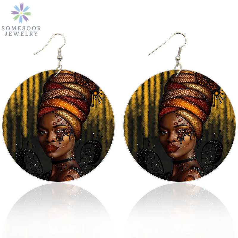 

SOMESOOR Retro Afro Artistic Wooden Drop Earrings Vintage African Headwrap Woman Design 6cm Flat Round Black Wood Jewelry Gifts