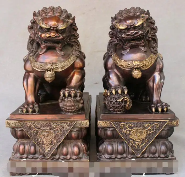 

S03850 17" Folk Chinese FengShui Red Bronze Foo Fu Dog Guardian Door Lion Statue Pair B0403