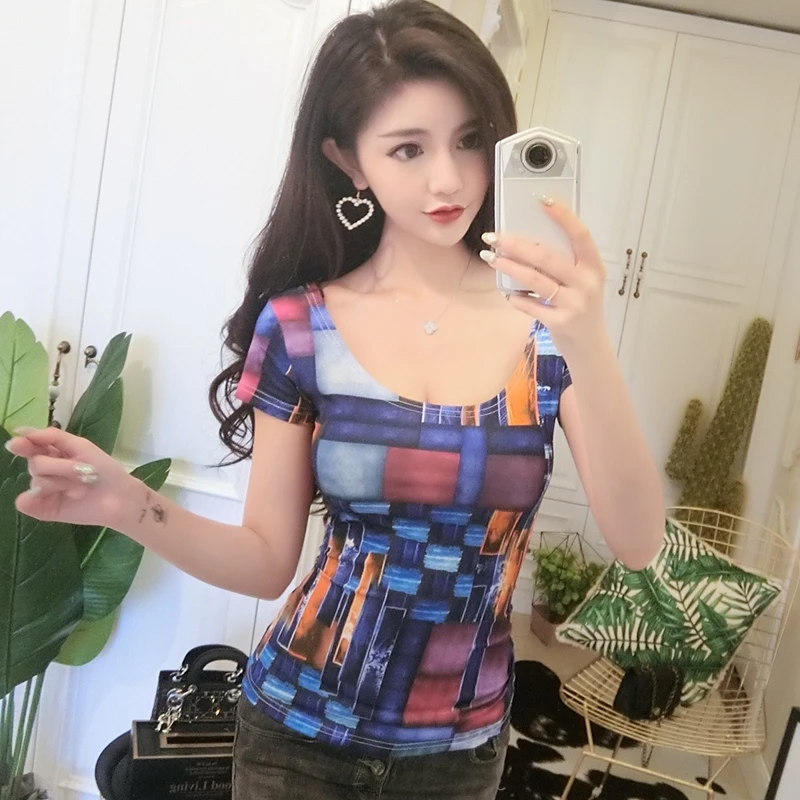 

Summer T shirt Women Sexy Nightclub Cotton Tops Stretchy Slim O-neck Print Short Sleeve Women Clothes T-shirt T93093