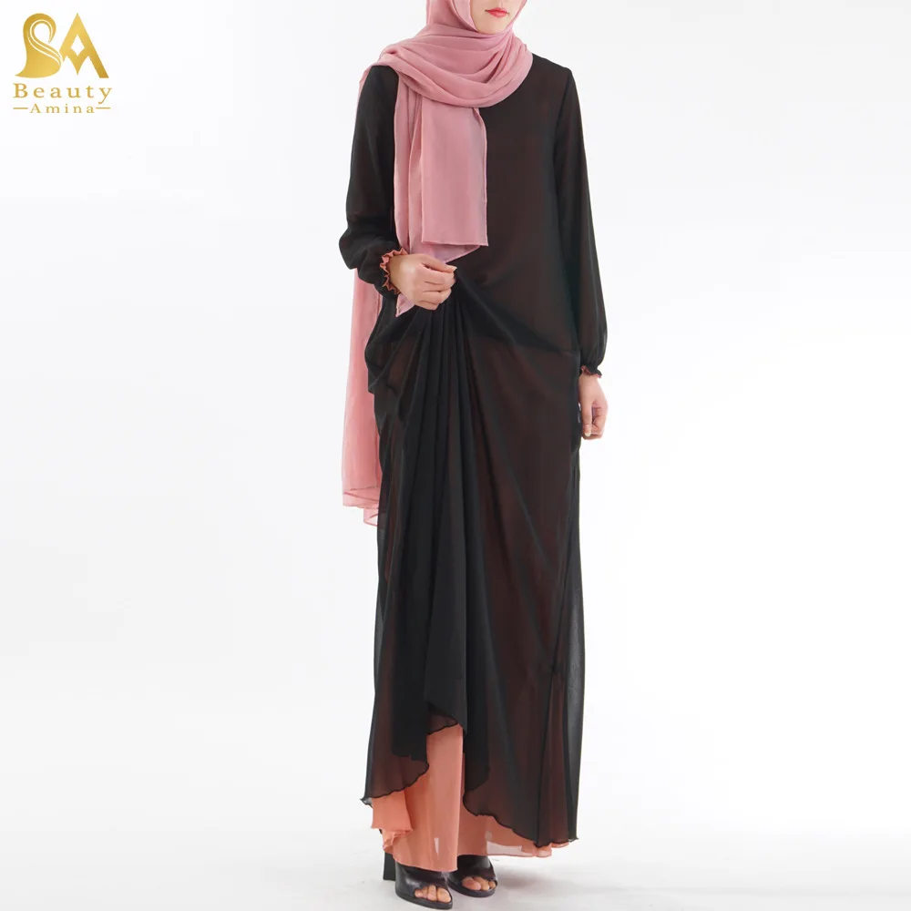 Мусульманские взрослые могут носить обе стороны поддельные две части модные шифоновые мусульманские платья абайя музыкальный халат молитвы Рамадан Абая wj2845