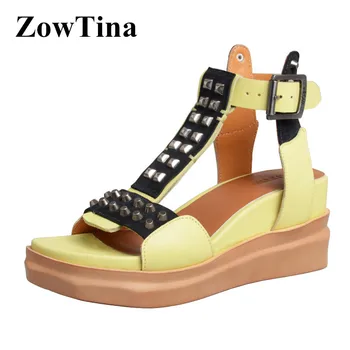 

Yellow Leather Women Casual Wedge Sandals Fashion Studded Platform Summer Shoes Woman Chaussures Femmes Sandalias Mujer Stiletto
