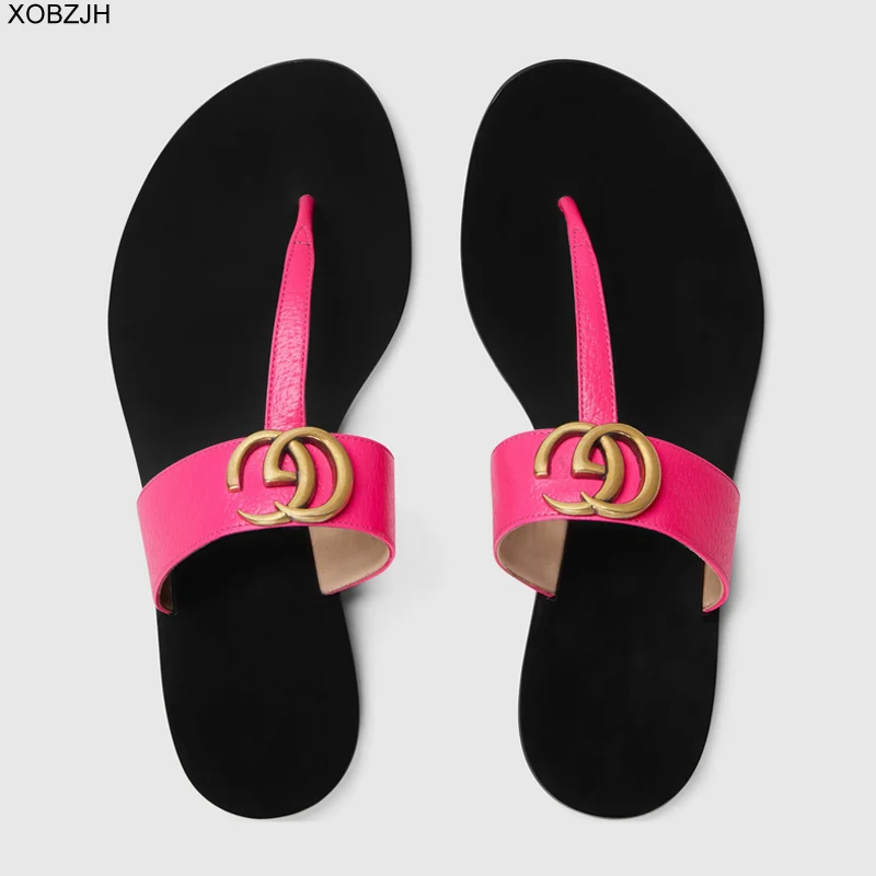 

summer women shoes flat sandals 2019 CG beach Genuine leather women brand luxury designer sandals black ladies shoes woman US 11