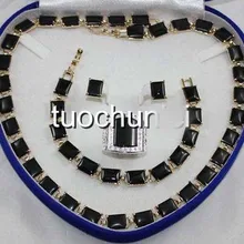 Очень хороший женский замечательный черный обсидиановый камень инкрустация ожерелье браслет серьги кольцо ювелирный набор серебро оптом кварцевый камень cr