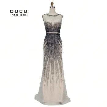 

Beauty Sparkle Diamond Beading Formal Prom Dresses 2019 Sexy Sleeveless Tulle Tassel Mermaid Evening Gowns Real Photo OL103375