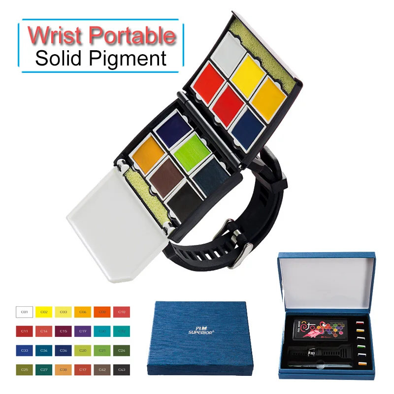 12/24 color portable watch type solid watercolor paint set pack concentrated hand-painted watercolor drawing tool brush paint