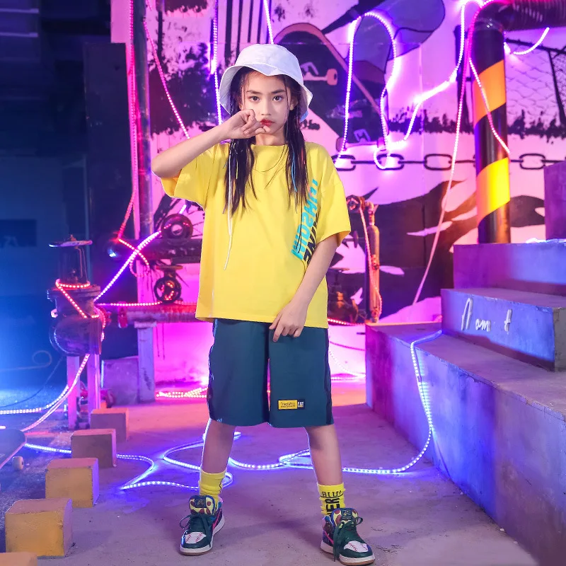 Children Hip Hop Dance Costumes Kids Street Dance Clothing Yellow Tshirt Green Shorts Girls Dancewear Stage Outfit (7)