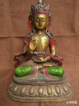 

14'' Bronze gild Painting carved Lotus base Avaloktesvara Bodhisattva Green Tara