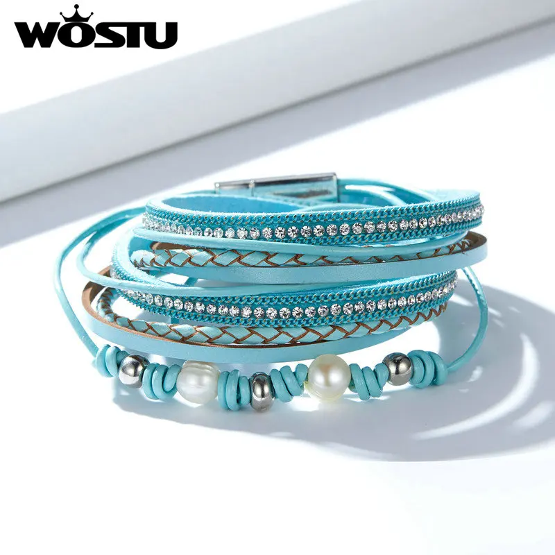 

WOSTU New Fashion 48.5 CM PU Leather Wrap Bracelet With Magnet Clasp Pearl Leather Bracelet For Women Trendy Jewelry FC0347