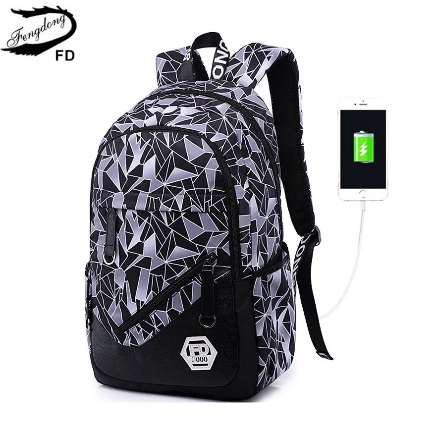 

FengDong USB charging 15.6 inch laptop backpack for boy schoolbag men black Backpack male high school backpack boys school bags
