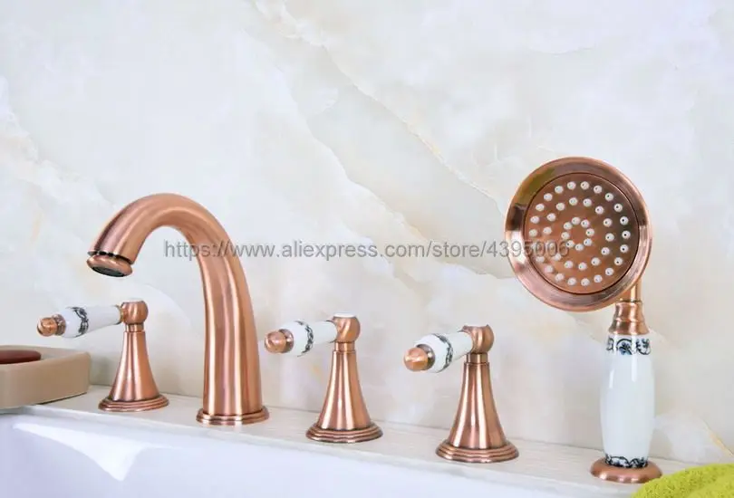 Bathtub Faucet Red Copper Widespread Roamn Tub Faucet 5 Hole Bath Faucet with Handshower Btf207