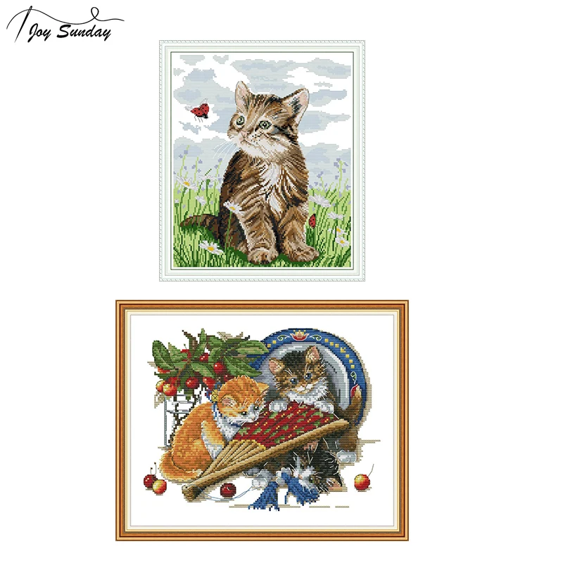 

Joy Sunday DMC Cross Stitch Kits Sale Cat and Ladybird Patterns Printed on Canvas Aida Fabric Embroidery Kit DIY Hand Needlework
