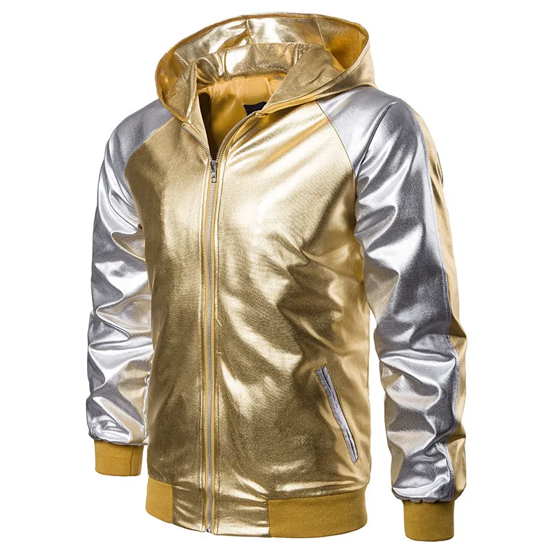 

MORUANCLE Men's Metallic Gold Jacket With Hood Fashion Punk Style Jacket Outerwear For Male Night Club Stage Wear Veste Homme