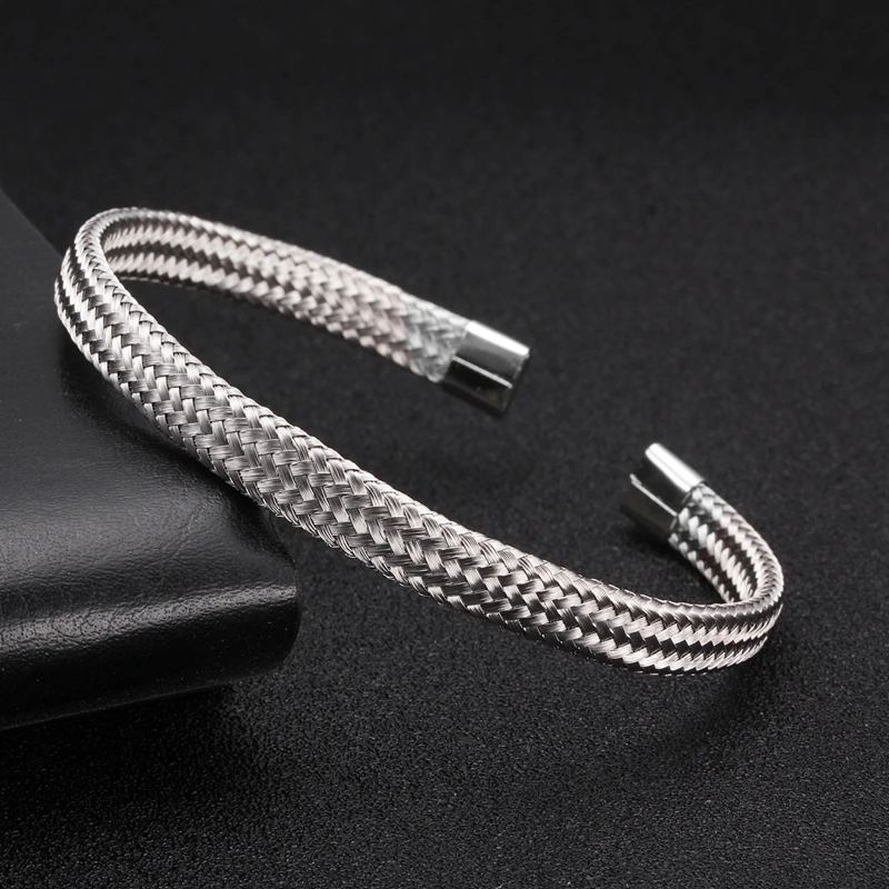 

Luxury Silver Snake Sporty Men Women Charm Bracelet & Bangles Punk Mesh Surface Soft Steel Braided Open Fashion Cuff Bangles