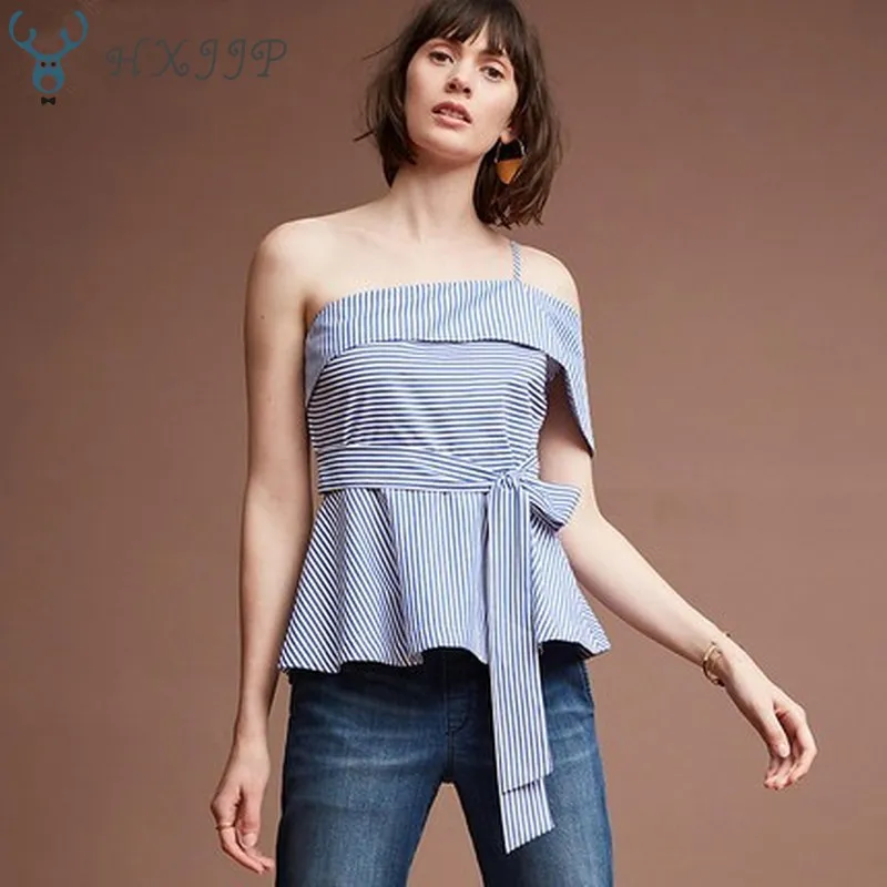 

HXJJP Summer Plunging Neckline Strapless Blouses Blue and White Stripes Open Back and Asymmetrical Strapless Women's Shirt
