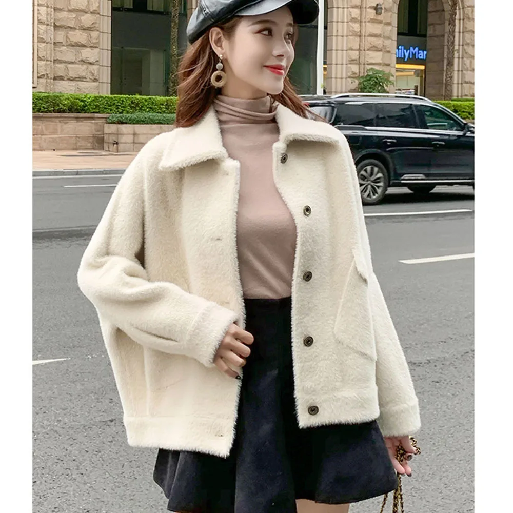 Plush Coat Shaggy Cardigan Korean Turn-down Collar Faux Fur Jacket Warm Single Breasted Manteau Fourrure Femme Fake Fur Coat
