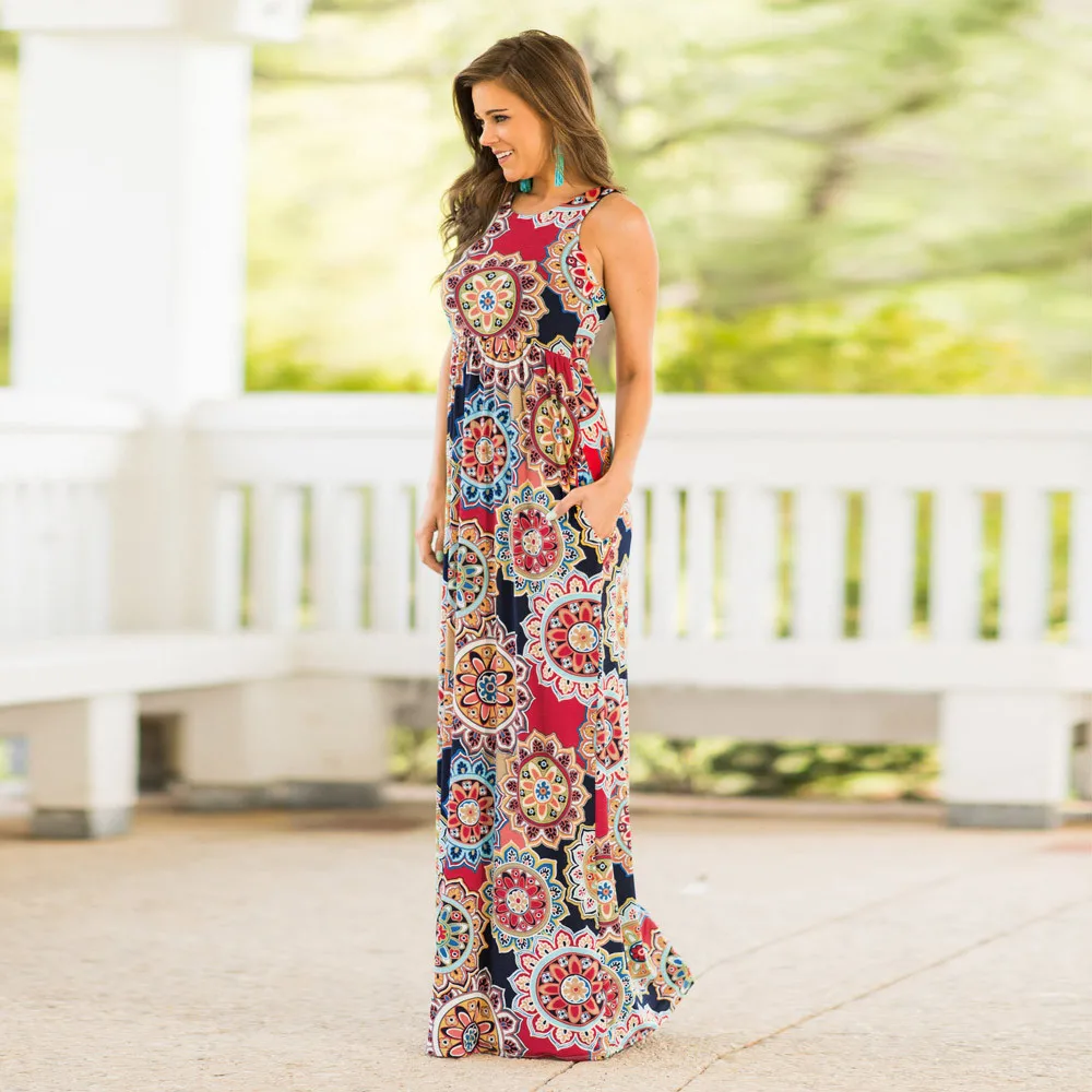 

NEW Women Sexy Women Floral Tank Maxi Dress Pocket Sleeveless Casual Summer Long Maxi Dress Drop Shipping 3M17&*