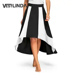 VESTLINDA Цвет блок высокая низкая юбка миди Для женщин черный, белый цвет лоскутное асимметричный летние юбки новый женский Повседневная