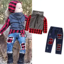 Комплект из 2 предметов для маленьких мальчиков и девочек, клетчатые топы с длинными рукавами+ джинсовые штаны, леггинсы, комплект одежды