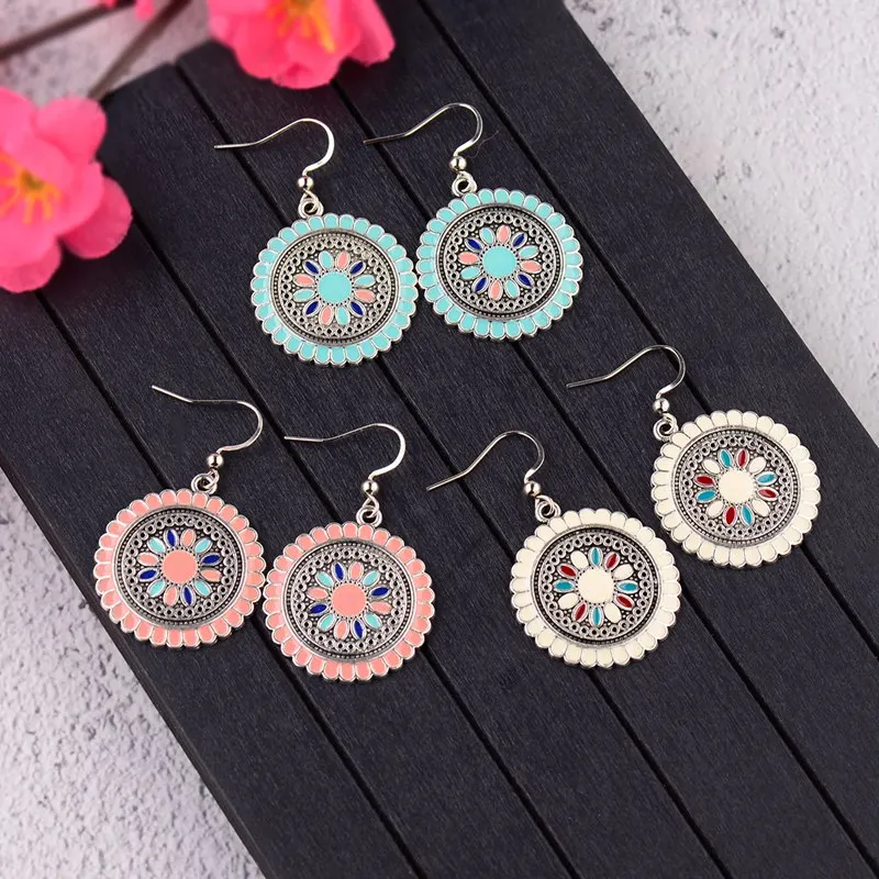 

TopHanqi Round Flower Pendant Dangles Earring Female Bohemian Colorful Dripping Oils Water Drop Earrings For Women Ear Jewelry