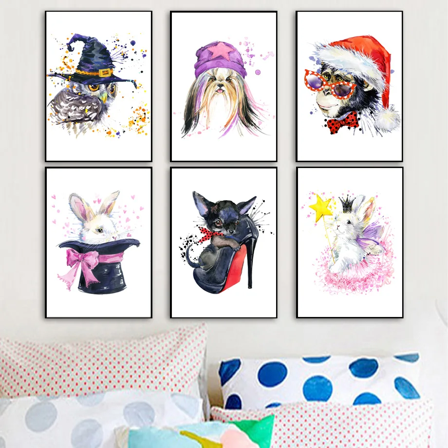 

Watercolor Owl Dog Chimpanzee Rabbit Nordic Posters And Prints Animal Wall Art Canvas Painting Wall Picture Kids Baby Room Decor
