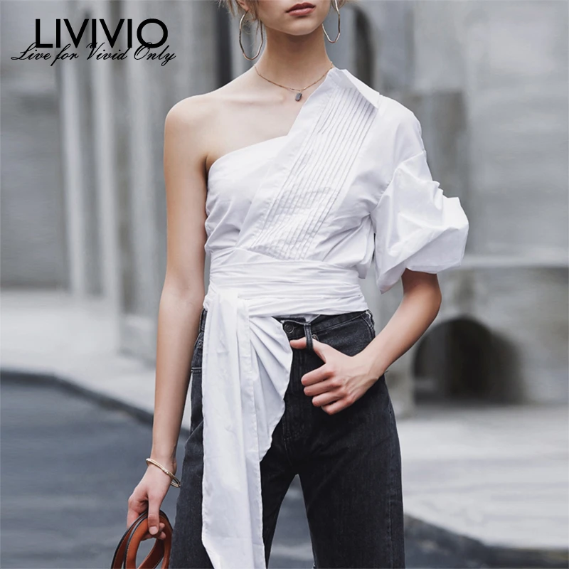 

[LIVIVIO] Asymmetrical Shirt For Women Skew Collar Off One Shoulder Irregular Bowknot Lace Up Sexy Blouse Female 2019 Fashion
