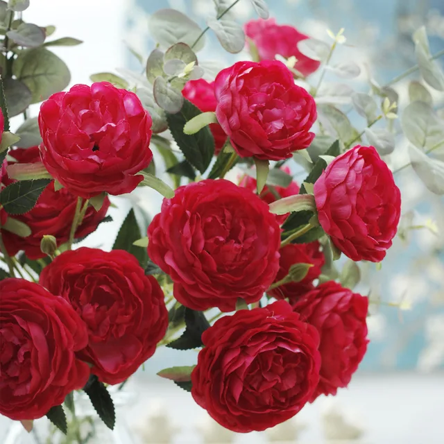 Flor de seda de peonía de 3 cabezas, rama artificial, rosa de té, ramo de flores para decorar el hogar, flores falsas, flores de boda Flor de seda de peonía de 3 cabezas, rama artificial, rosa de té, ramo de flores para decorar el hogar, flores falsas, flores de boda