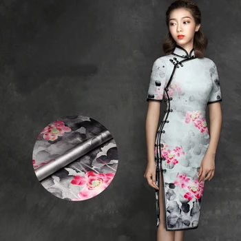

118*105CM 19MM 93% Silk & 7% Spandex Lotus Print Gray Stretch Silk Satin Fabric for Summer Dress Shirt Clothes Cheongsam D869