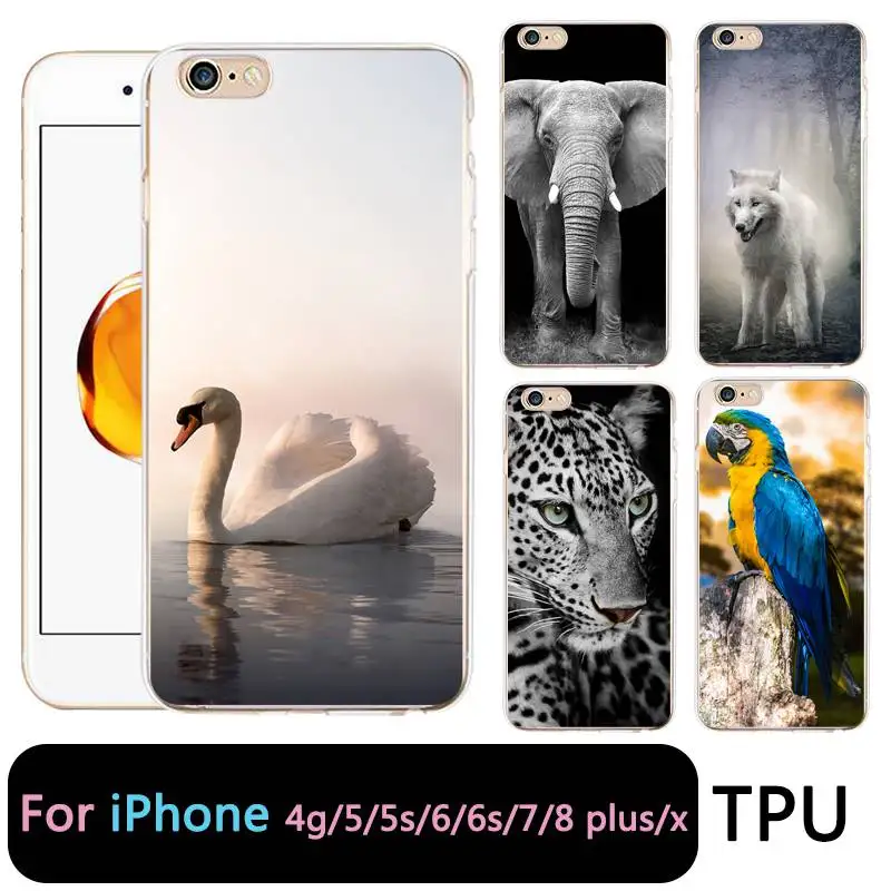 QMSWEI TPU Clear Phone Case For iPhone 6G 6s 7 8plus x Soft Animal Wolf Swan Printed Design Cute Cover 4 5se 6Plus 7P |