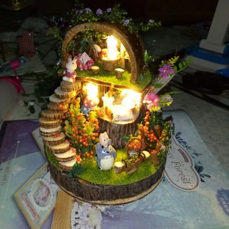 Forest Wooden Totoro DIY Doll House Home Decoration Handmade Cartoon Kit Miniature Home Assembling Toys Dollhouse Gift Toy