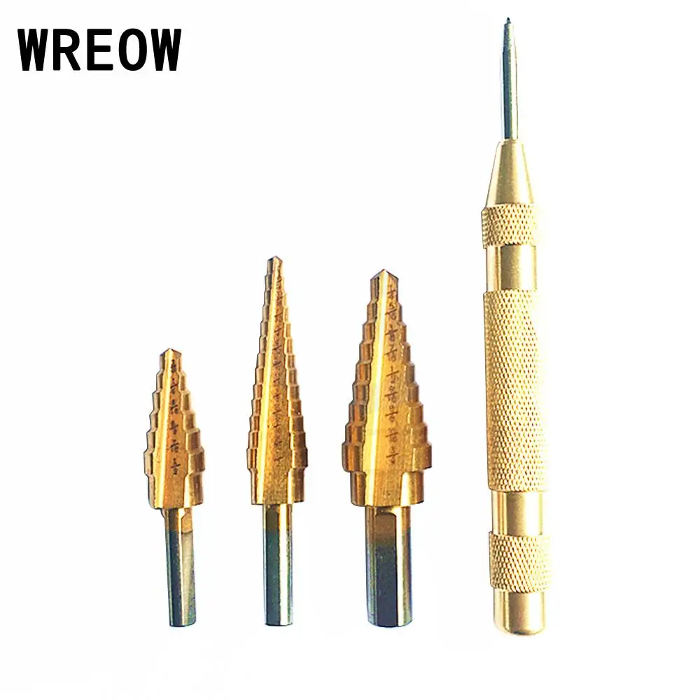 

4Pcs HSS Titanium Cone Step Drill Bit Set Automatic Center Punch Round Shank Set for Woodworking Bits Power Tool