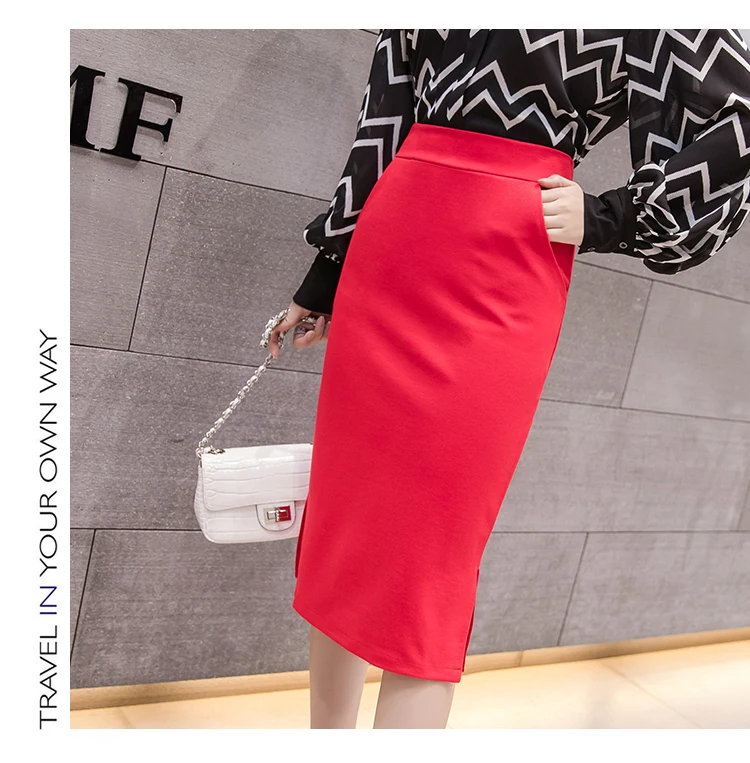 S-5XL Plus Size New Fashion Elegant Women's Midi Pockets Skirt Slim OL Sexy Open Slit Pencil Skirt Knee-Length Office Lady Skirt