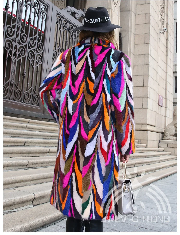 Новая настоящая шуба из натуральной норки женская модная длинная многоцветная куртка женская цветная Длинная Верхняя одежда на заказ любой размер