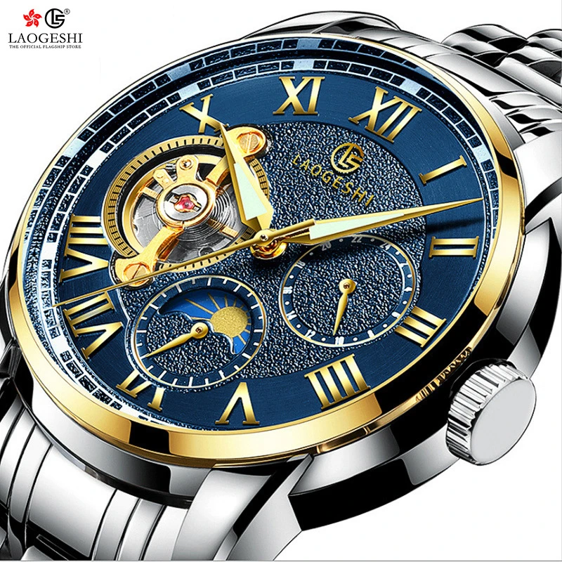 

LAOGESHI Mens Automatic Mechanical Fashion Top Brand Sports Watches Luxury Tourbillon Stainless Steel Watch Moon Phase relojes