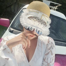 WHITNEY Ван Лето г. модные дизайнерские стиль Раффлед кружево лоскутное лук бейсболки женские Стильный соломенная шляпа